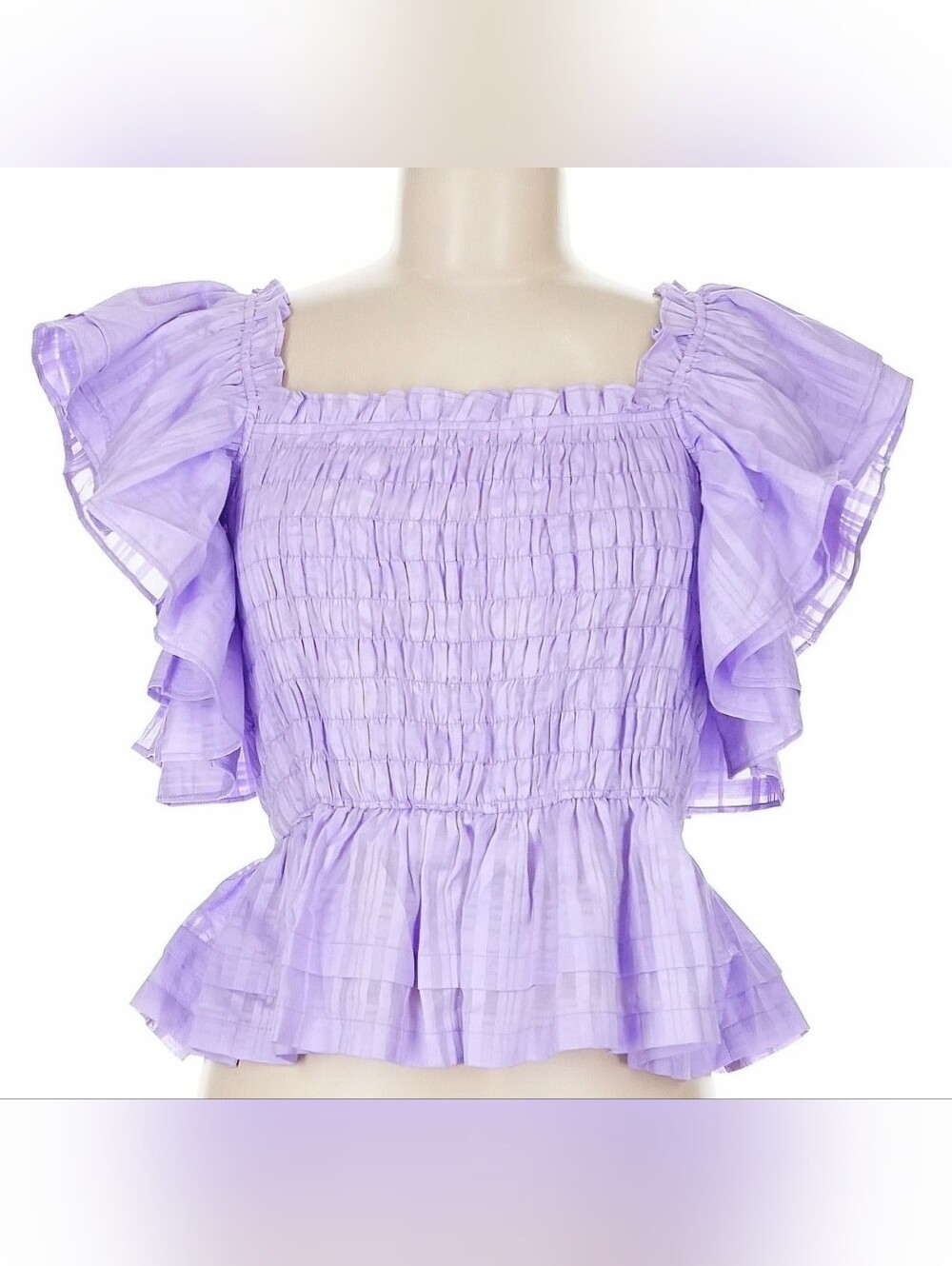 Banana Republic Lavender Smocked Peplum Flutter Sleeve Gingham Blouse NWOT M